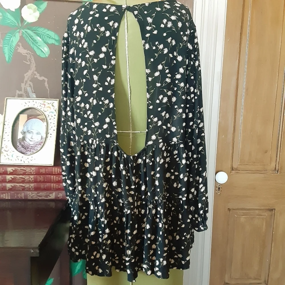 American Eagle XL Black Floral Babydoll Tunic Top Boho Peasant Long Sleeve - Picture 7 of 15